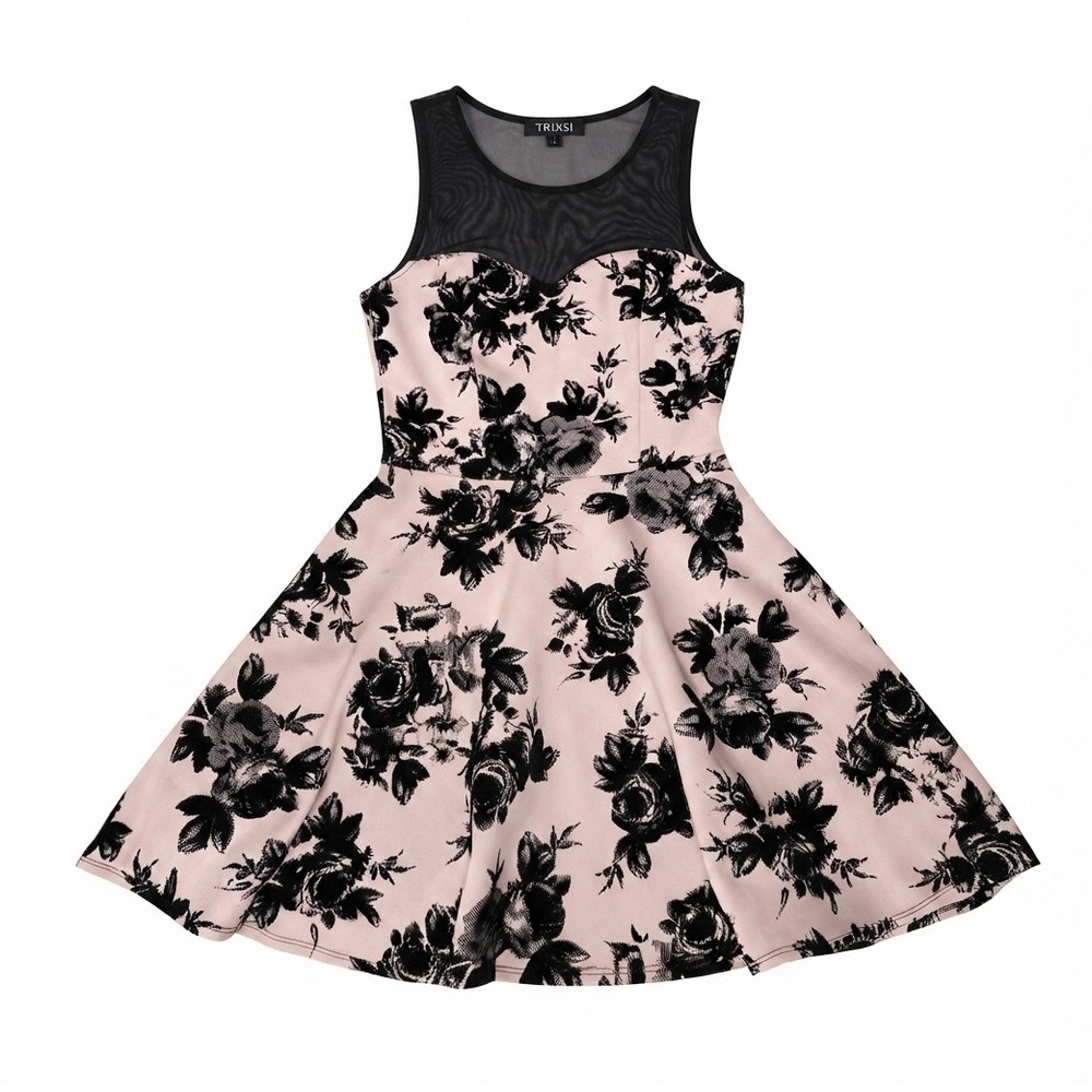 Trixxi Pink Black Floral Velvet Burnout Skater Dress Mesh Sheer Y2K Size S